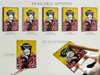 Available options for the monkey artwork including a stretched canvas print a fine art poster paper and a floating frame. Choose your preferred format for this pop art print. The primate canvas art is versatile for any space. Select the perfect animal wall decor to match your style. Ideal for office wall art or funky home decor.