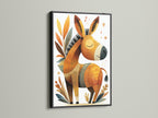 The donkey artwork appears in a sleek black frame. The dark frame creates a bold statement. Black frames add sophistication to the artwork. This framed animal artwork is a striking piece for your home. Perfect for modern decor.