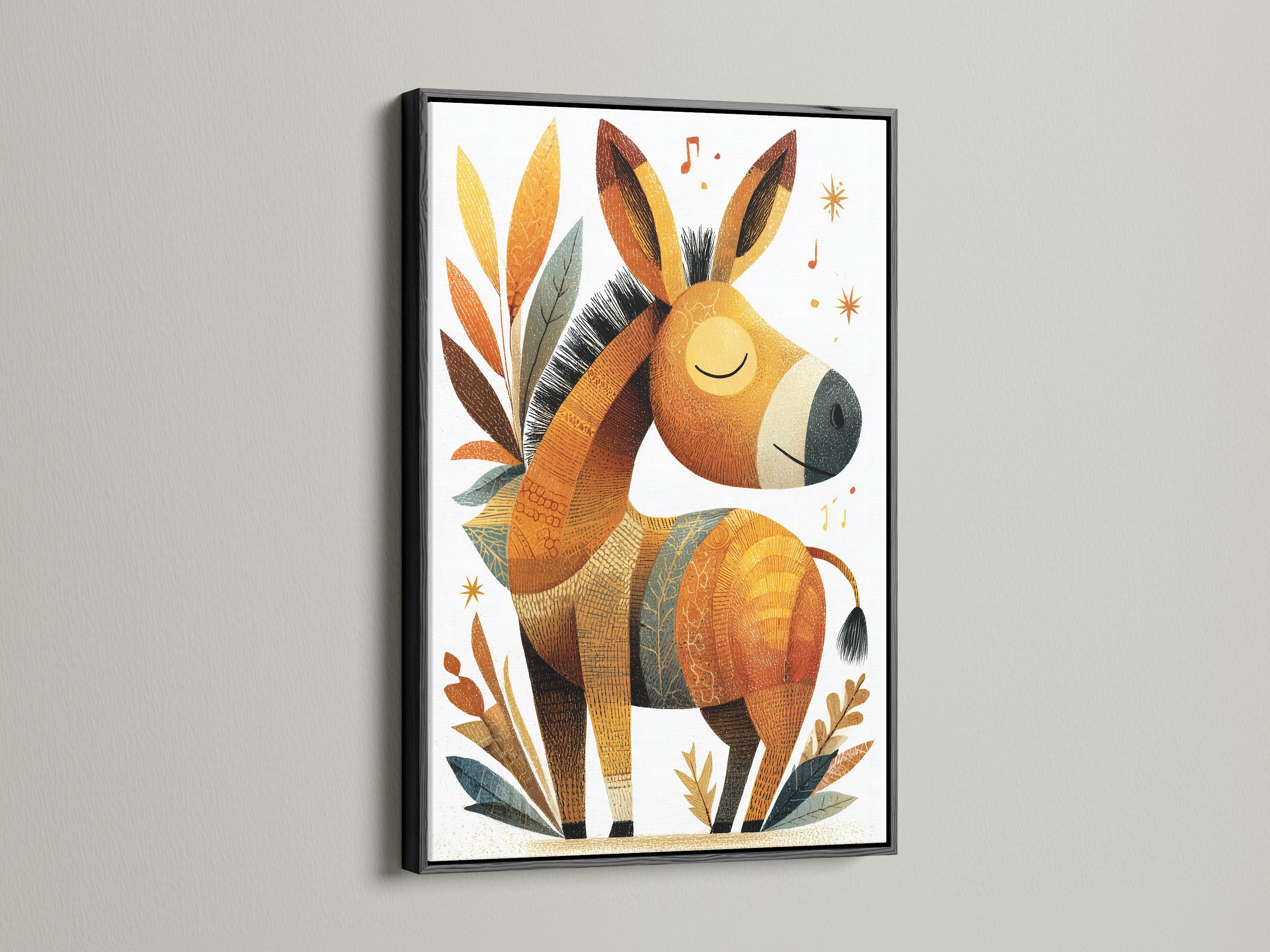 The donkey artwork appears in a sleek black frame. The dark frame creates a bold statement. Black frames add sophistication to the artwork. This framed animal artwork is a striking piece for your home. Perfect for modern decor.