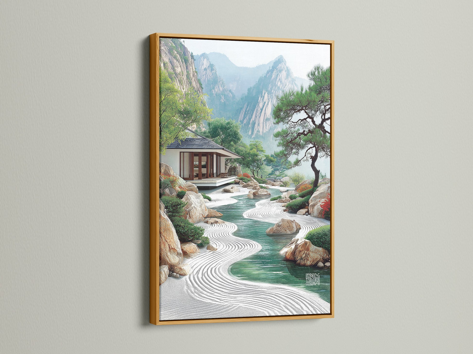 Japanese Zen Garden artwork in a gold frame. The gold frame adds elegance to this peaceful scenery. This Asian landscape wall art creates a serene environment. Perfect for living room art or meditation studios. The gold frame enhances the zen decor.
