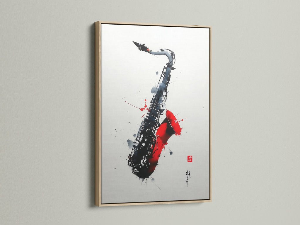 This jazz wall art is displayed in an oak frame. A stylish choice for any music lover. The saxophone canvas print adds a touch of elegance. This instrument wall art is perfect for a music room. A great gift idea.