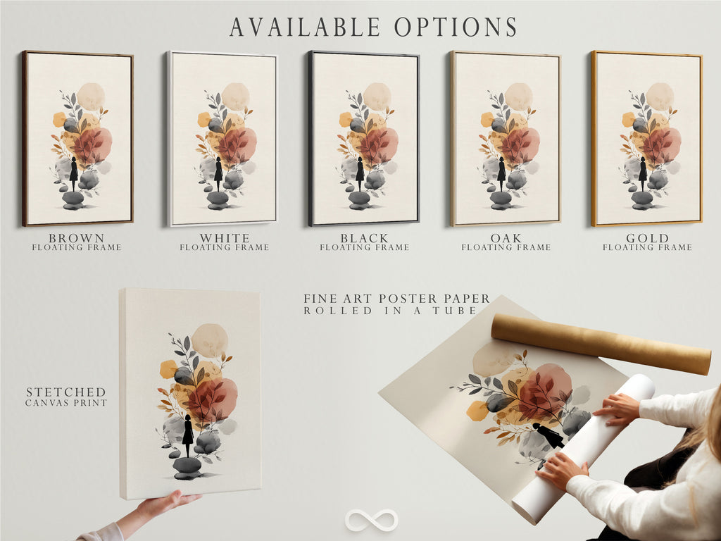 Abstract Botanical Art Print - Minimalist Woman Silhouette, Neutral Tones Wall Decor, Modern Nature Artwork, Boho Home Decor