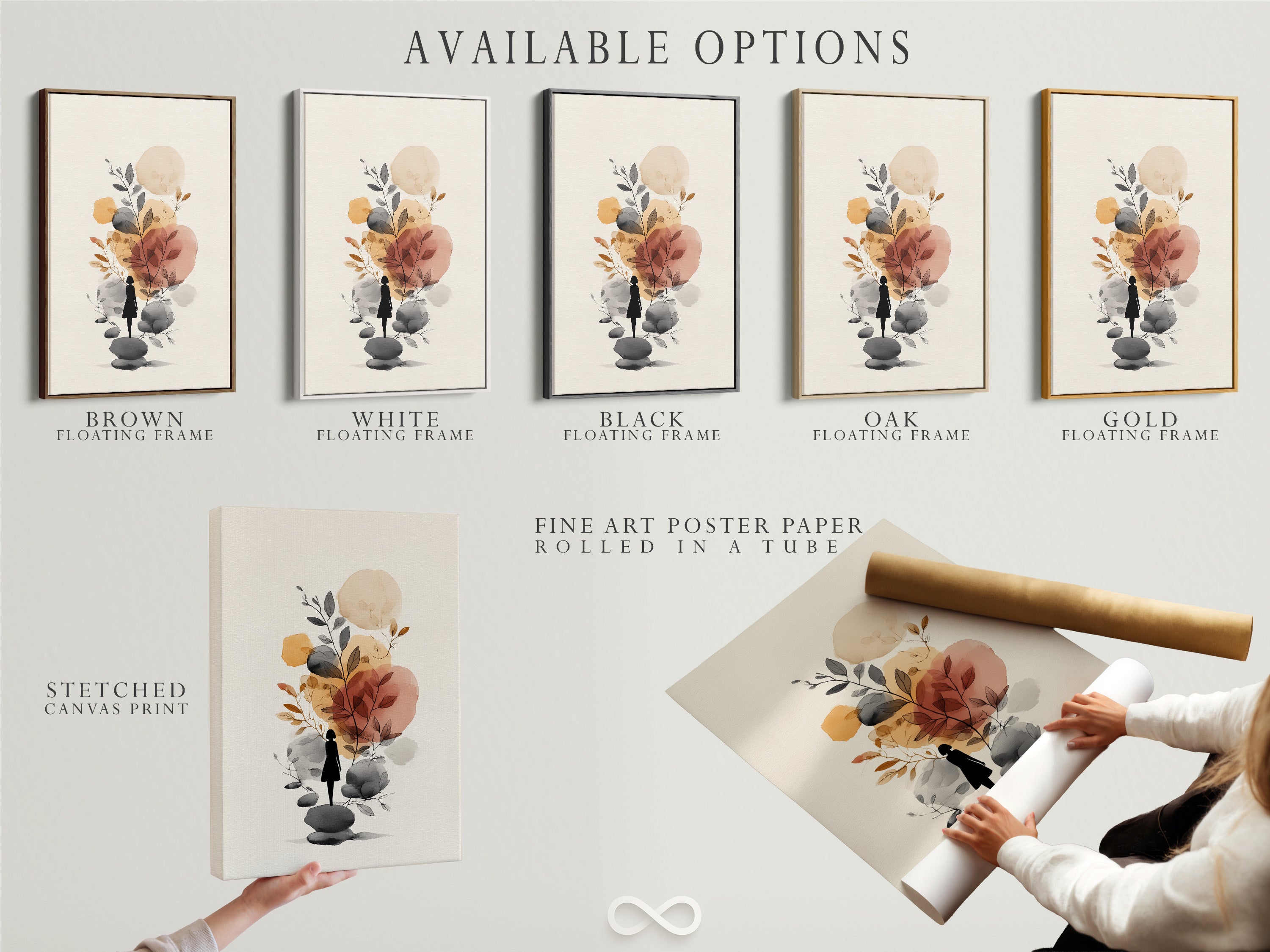 Abstract Botanical Art Print - Minimalist Woman Silhouette, Neutral Tones Wall Decor, Modern Nature Artwork, Boho Home Decor