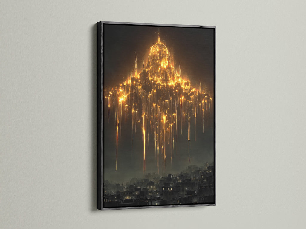 A black frame showcases this gothic cathedral art print. The art is perfect for dark academia decor. This mystical wall art features fantasy architecture. Notice the golden light art in this cathedral print. Gothic wall decor creates a unique ambiance. Add architectural art to your study.