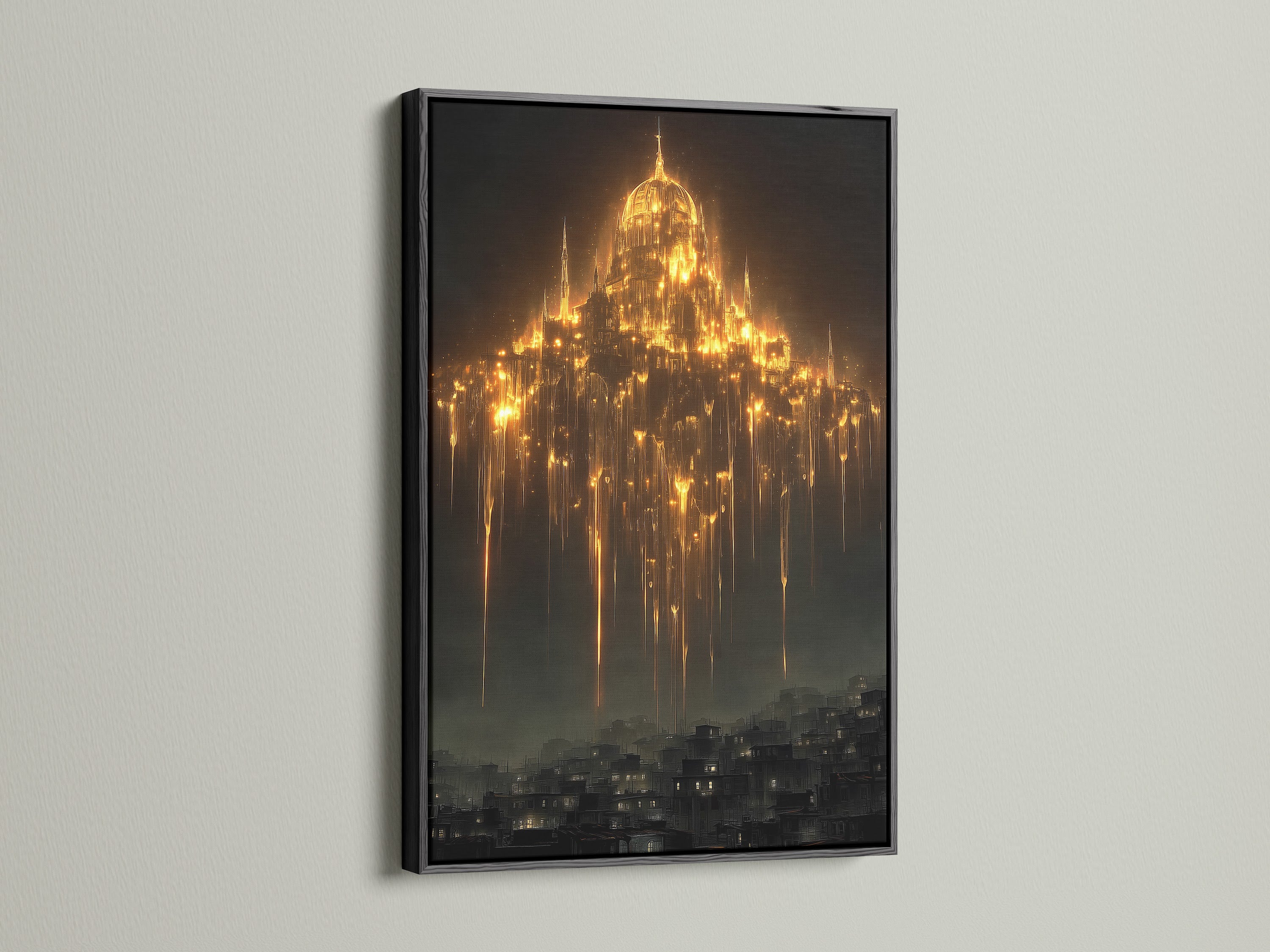 A black frame showcases this gothic cathedral art print. The art is perfect for dark academia decor. This mystical wall art features fantasy architecture. Notice the golden light art in this cathedral print. Gothic wall decor creates a unique ambiance. Add architectural art to your study.