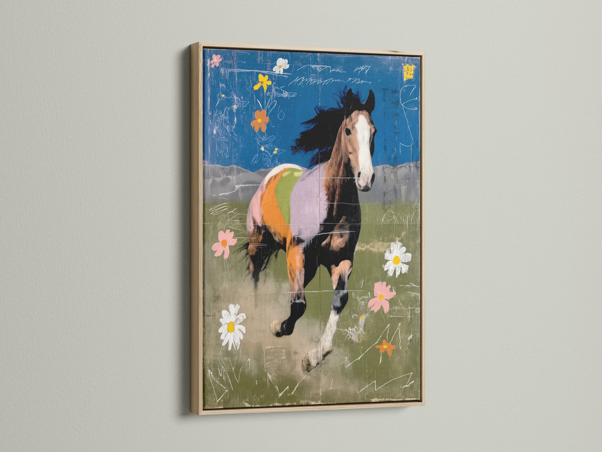 Abstract horse artwork displayed in an oak frame. This artwork will elevate your decor. This equestrian decor fits farmhouse rustic or eclectic styles. Perfect for any room.