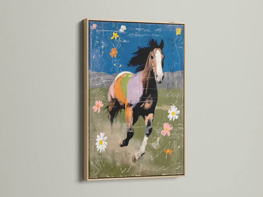 Abstract horse artwork displayed in an oak frame. This artwork will elevate your decor. This equestrian decor fits farmhouse rustic or eclectic styles. Perfect for any room.