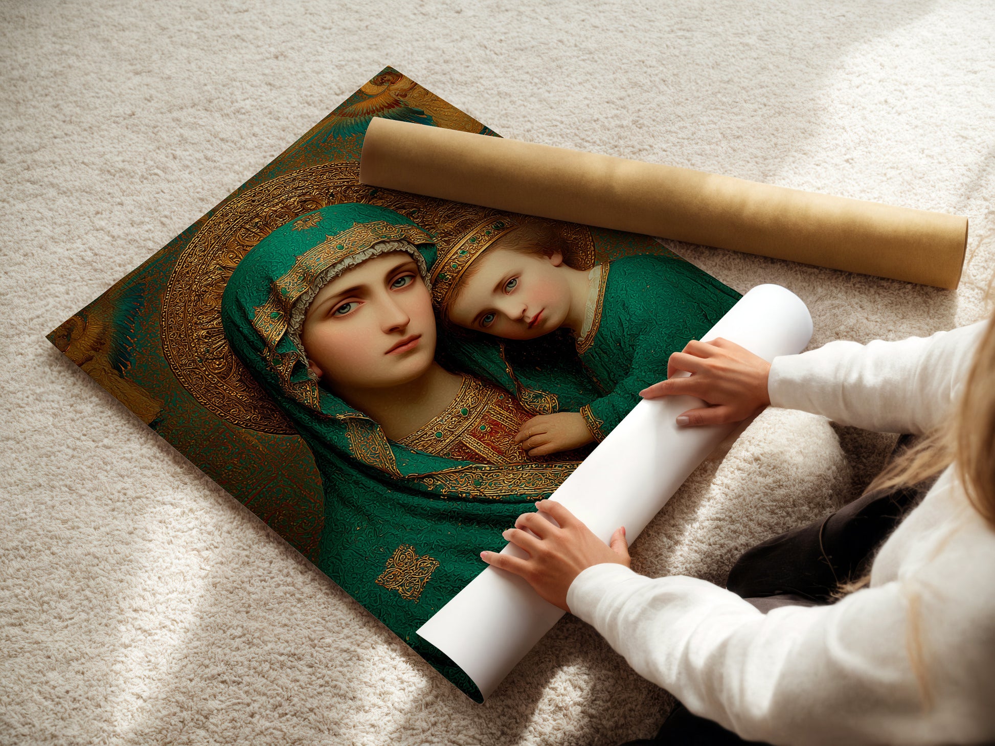 A woman carefully rolls a fine art poster paper. The high-quality paper ensures vibrant colors and sharp details. Create stunning art prints with our premium poster paper. Order yours today!