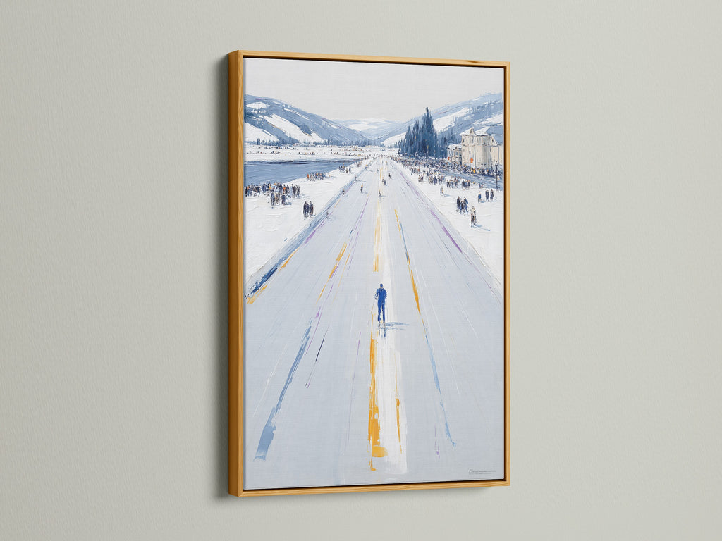The Winter Cityscape artwork is displayed in a gold frame. This artwork is perfect for a touch of elegance. The cool-toned minimalist art enhances various decor styles. Ideal for living rooms bedrooms offices studios lobbies clinics cafés and boardrooms. Add sophistication to your walls.