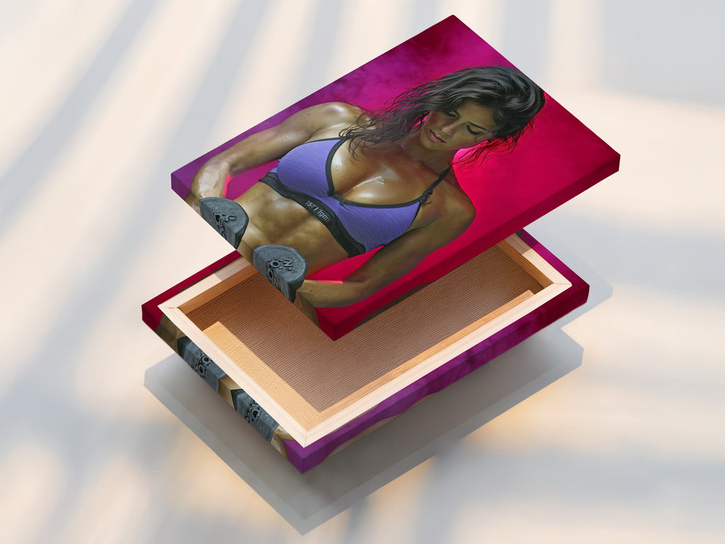 A stretched canvas print of a fitness woman artwork. Ready to hang in your gym or home. The canvas adds texture and depth. Perfect for fitness enthusiasts. This artwork inspires a healthy lifestyle.