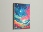 A vibrant fantasy landscape artwork is framed in oak. The colorful wall art shows a dreamy sky. The colors include pink teal and yellow hues. The art piece is mounted on a white wall. This artwork adds a touch of modern fantasy to any space.