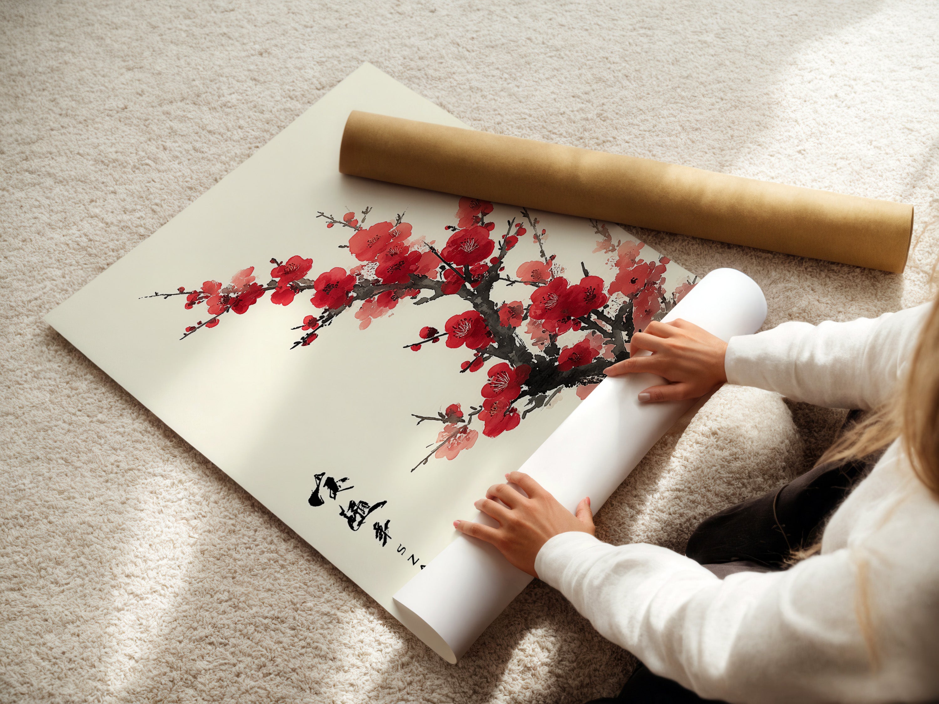 A woman is carefully rolling a fine art poster paper. She handles the paper with care. The art poster is ready for framing. Preserve your artwork with quality materials. Discover the beauty of fine art prints. Bring your favorite images to life.
