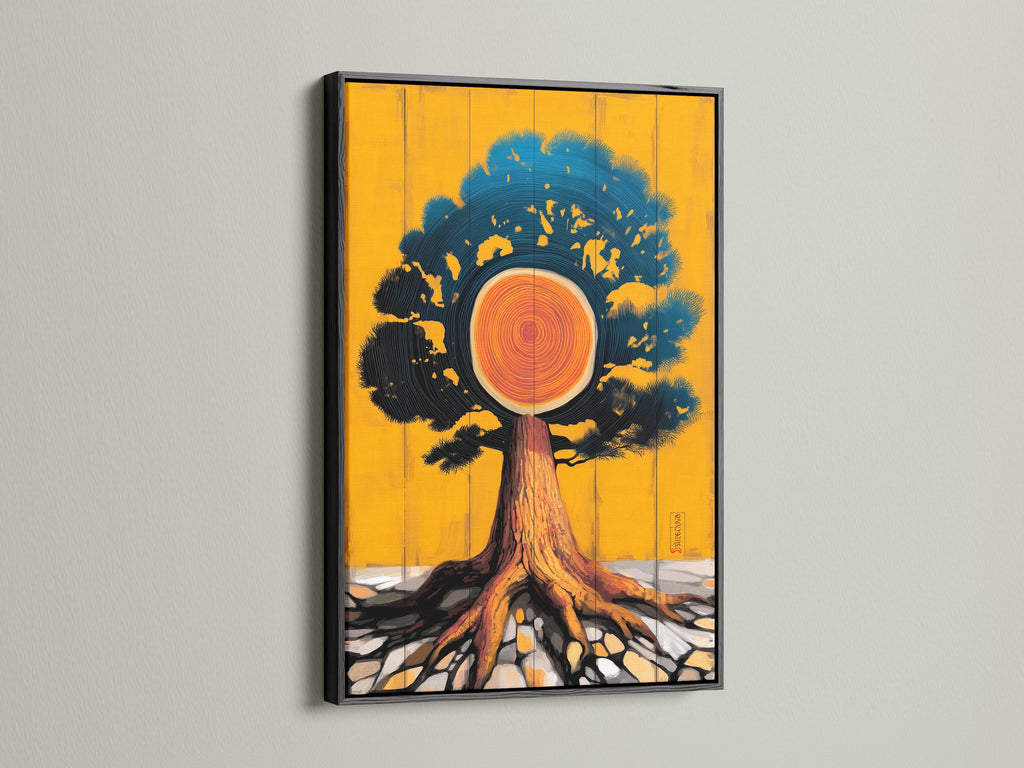 Tree of Life artwork with a black frame. The black frame provides a bold contrast to the colorful artwork. This tree canvas print is a striking piece of modern art. Ideal for creating a focal point in any room.