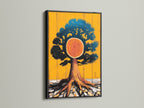 Tree of Life artwork with a black frame. The black frame provides a bold contrast to the colorful artwork. This tree canvas print is a striking piece of modern art. Ideal for creating a focal point in any room.