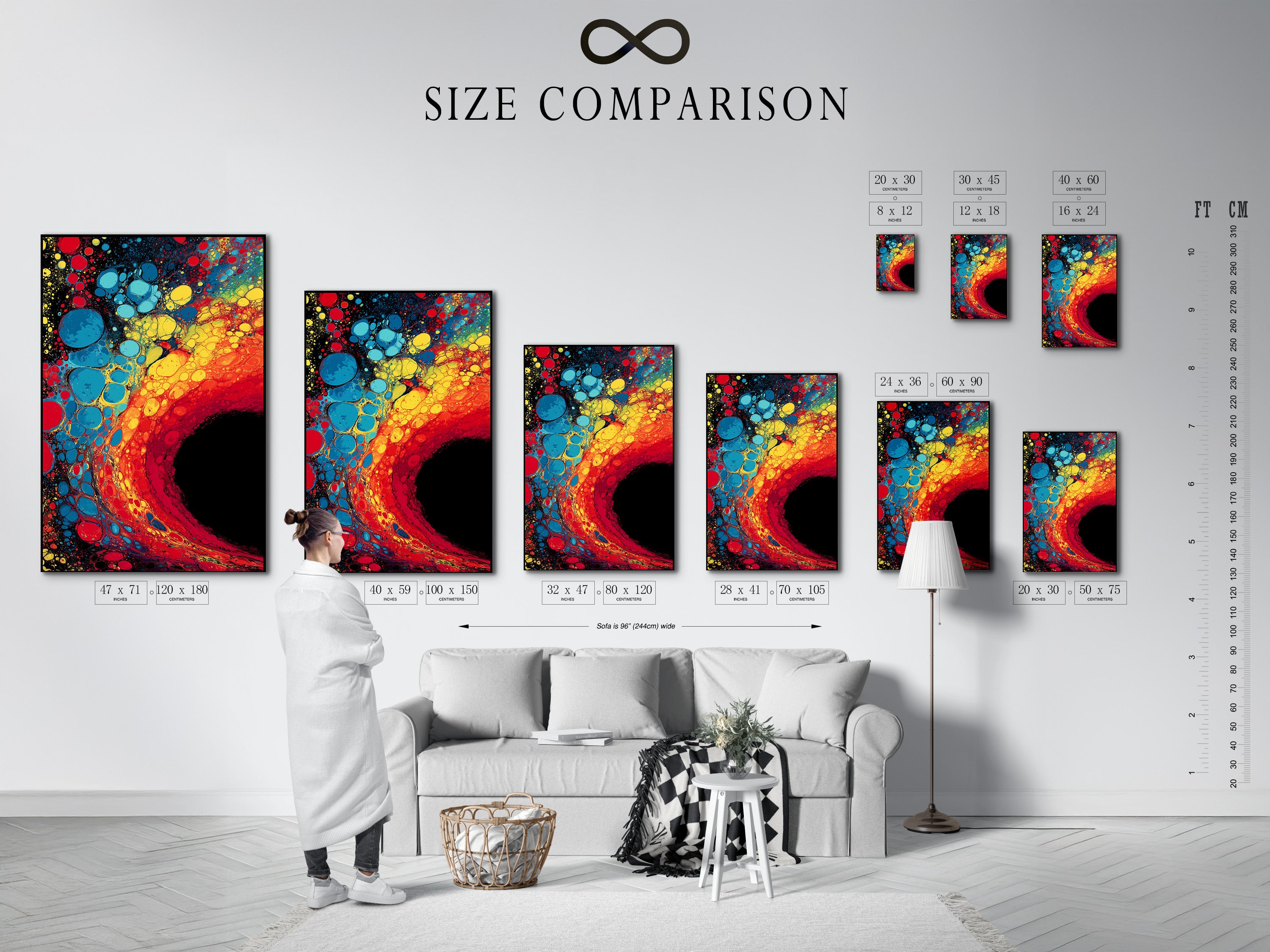 A size comparison chart is shown in an interior setting. It helps visualize artwork dimensions. This allows you to choose the perfect size for your space. Use this chart to plan your art installation.