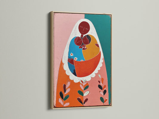 Artwork featuring a mother and two children in an oak frame. The frame enhances the art's warmth. The art is on a white wall. An oak frame offers a natural touch to any artwork. Perfect for adding a cozy feel to your space.