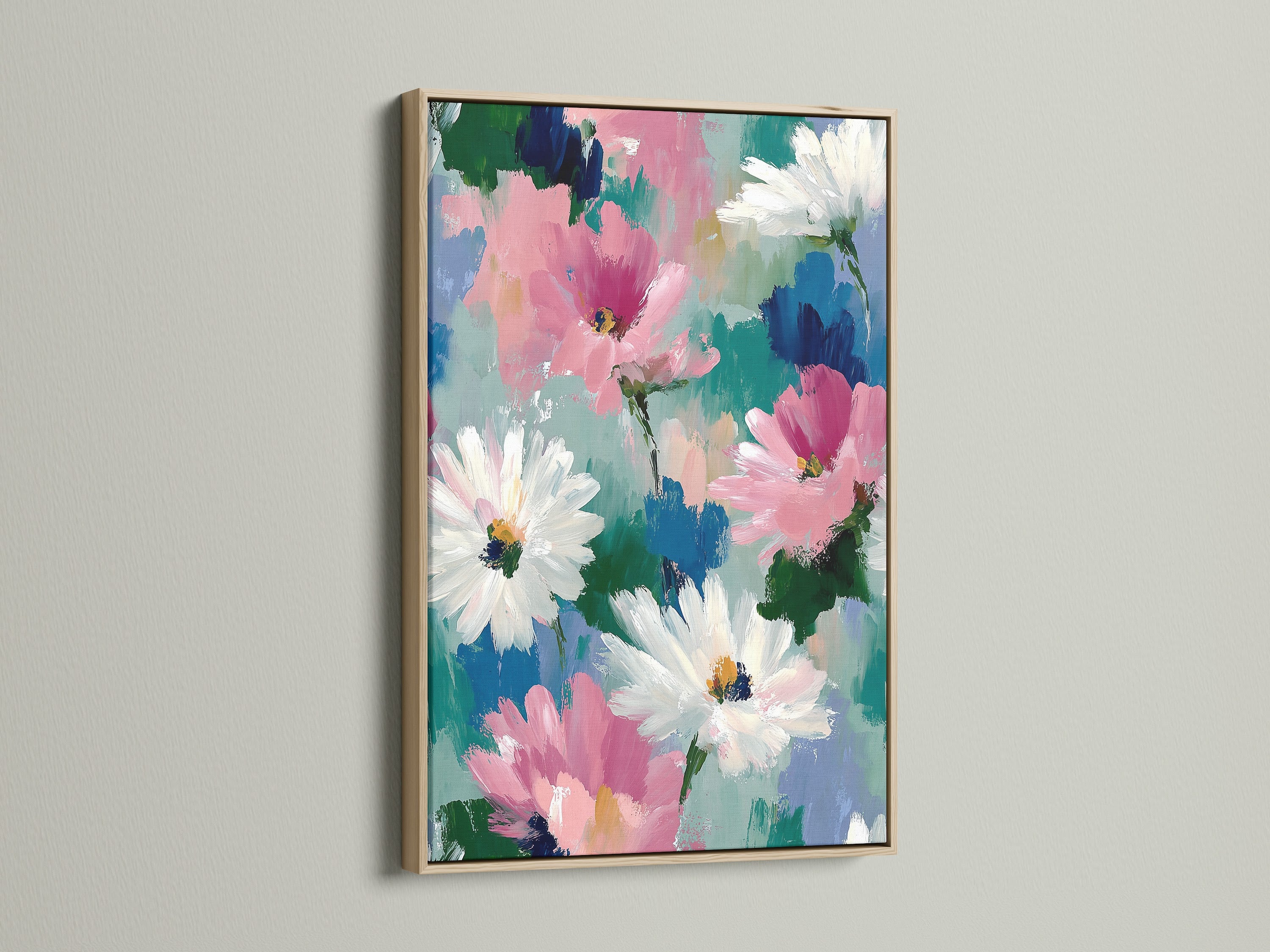Enhance your home with this abstract floral art. The pink and white daisy artwork is showcased in a natural oak frame. This botanical canvas print adds a touch of contemporary style to any room. Perfect as living room or bedroom wall decor.