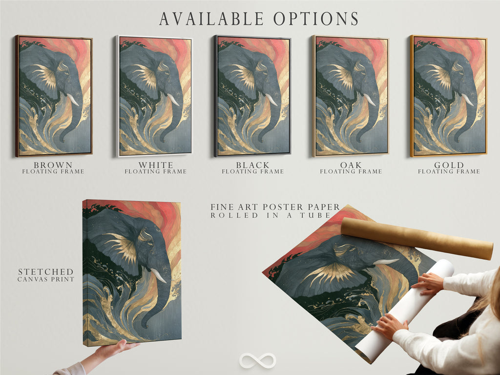 Available options for the elephant artwork are displayed. Choose from a stretched canvas print a fine art poster paper or a floating frame. Featuring Japanese wave art with coral pink and teal accents.