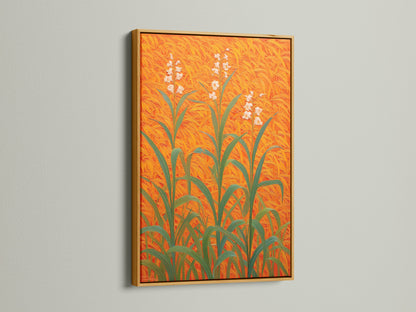 Floral Field Canvas artwork presented in a gold frame. The botanical print features vibrant orange wall art. This plant artwork is a modern art print. It is great for enhancing entryway decor. This floral wall decor adds luxury. The field art print on botanical canvas is a stylish orange home decor choice. It's an elegant plant art print.