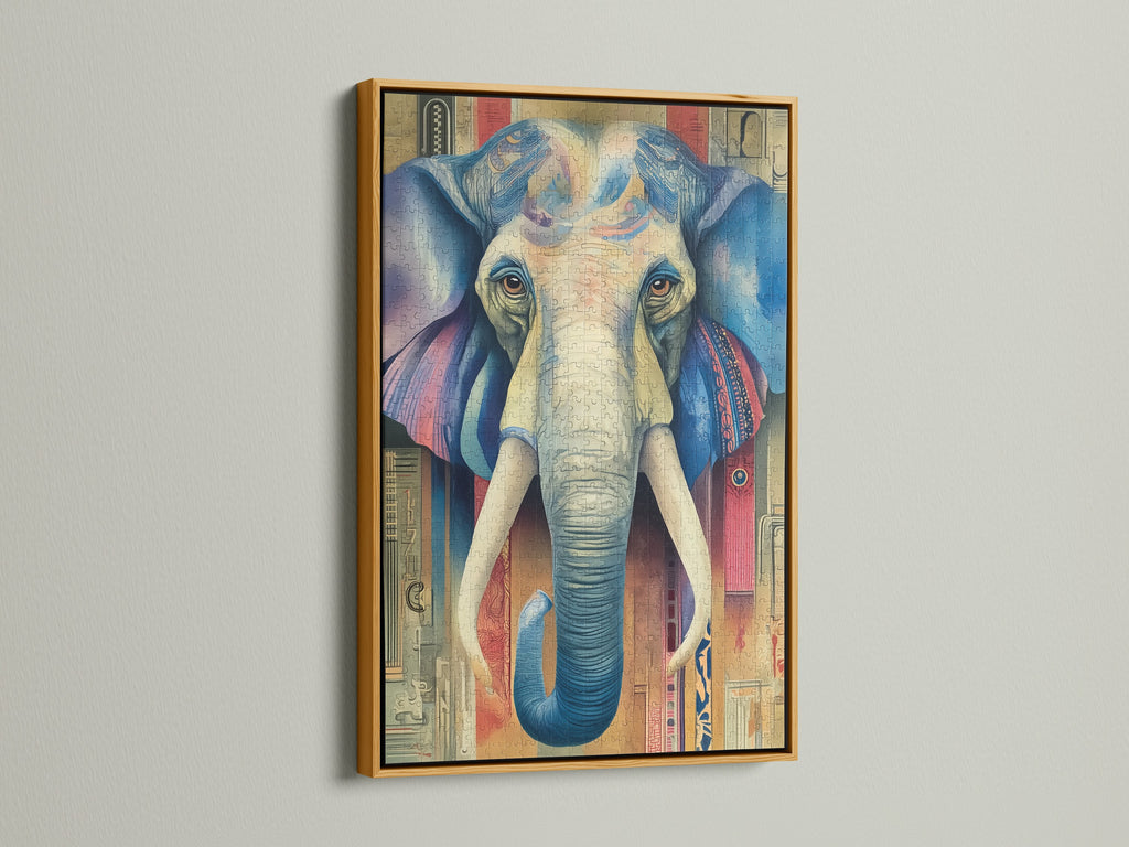 An eye-catching elephant art print is displayed in a luxurious gold frame. The frame enhances its bohemian style. This piece adds a touch of elegance to any room. Its vibrant colors and vintage appeal create a stunning focal point. Ideal for interior stylists seeking eclectic wall decor. This animal print is a great addition to any room.