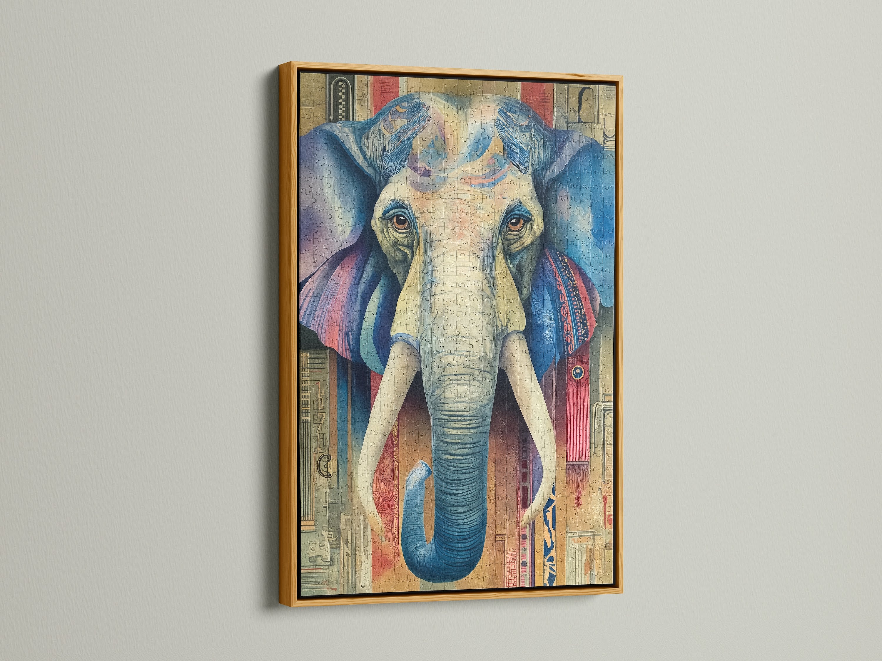 An eye-catching elephant art print is displayed in a luxurious gold frame. The frame enhances its bohemian style. This piece adds a touch of elegance to any room. Its vibrant colors and vintage appeal create a stunning focal point. Ideal for interior stylists seeking eclectic wall decor. This animal print is a great addition to any room.