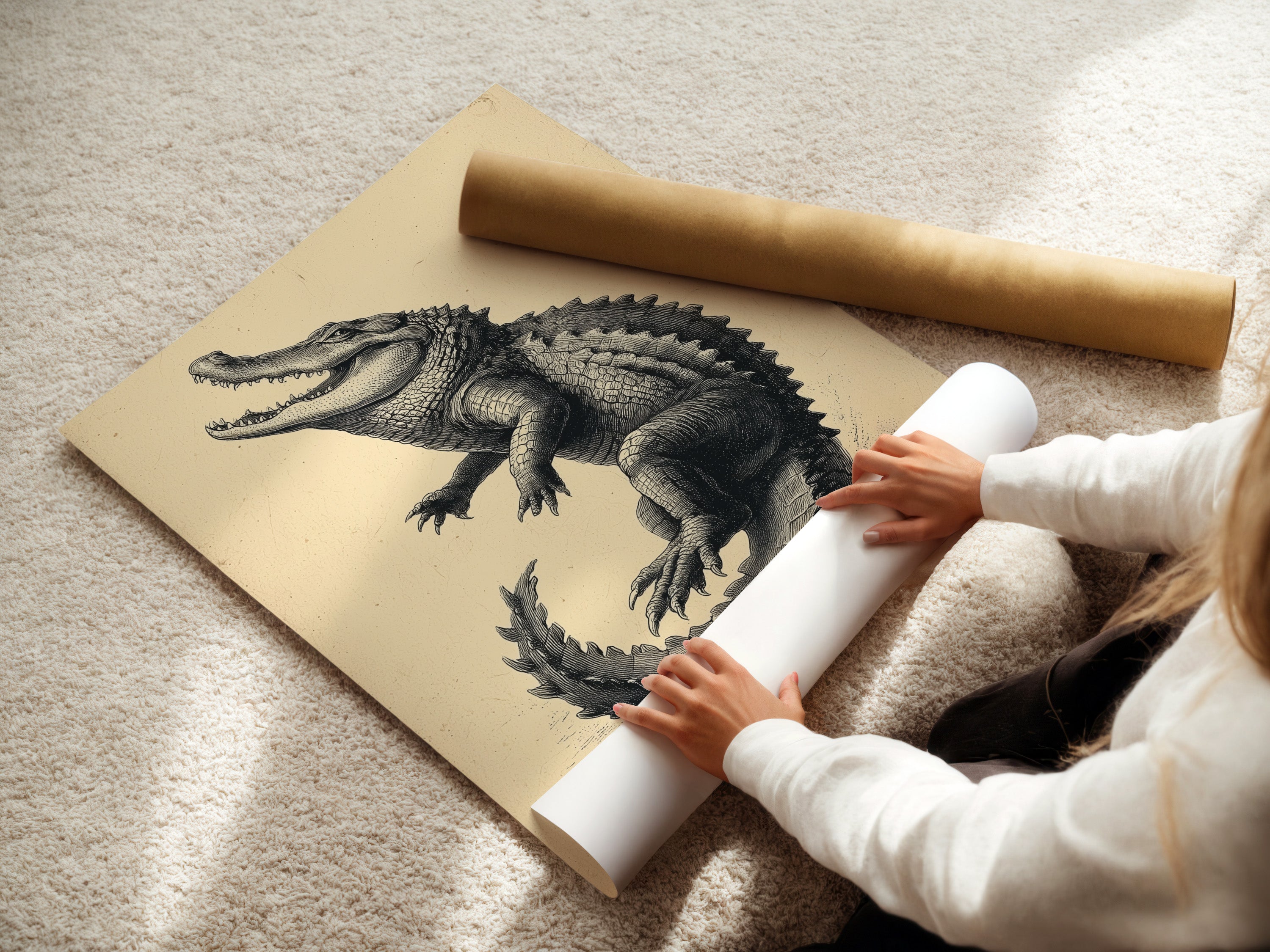 A woman is carefully rolling a fine art poster paper. This vintage alligator artwork is ready for framing. Ensuring your natural history poster arrives in perfect condition. Ideal for study room decor.