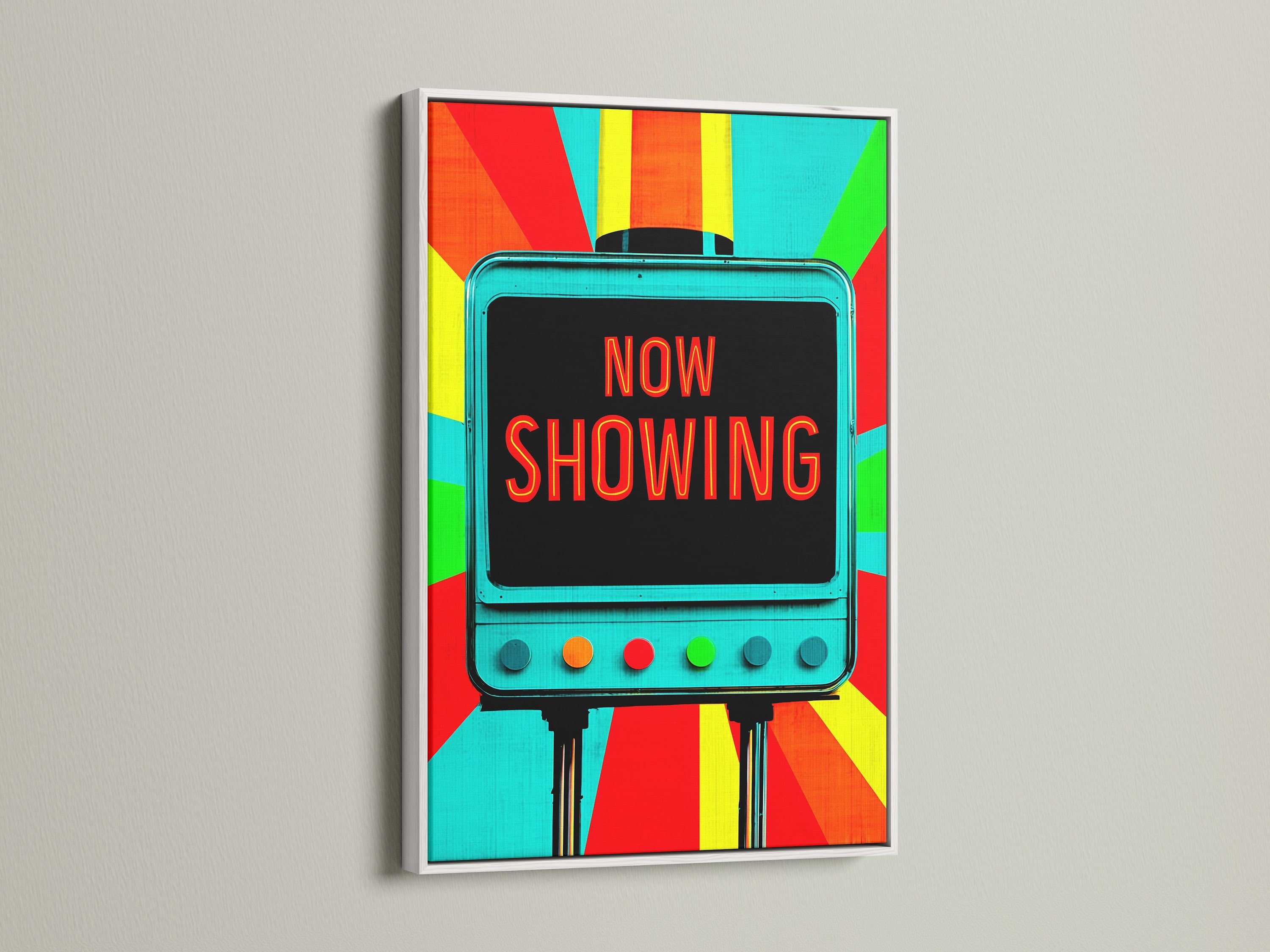 A white frame featuring a retro movie theater 'Now Showing' art print. The white frame provides a clean modern look. Perfect for a game room or home theater this artwork adds a pop of color.