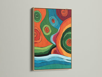 This is a captivating abstract art piece framed in oak. The natural wood grain complements the art. The artwork creates a warm and inviting atmosphere. Enhance your home decor with this stunning framed artwork that brings nature indoors. It is ready to hang and enjoy.