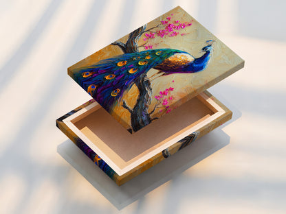 This is a stretched canvas print of a peacock artwork. The canvas texture enhances the artwork's depth. The print is taut and ready to hang. The vibrant colors and intricate details of the peacock are beautifully displayed.