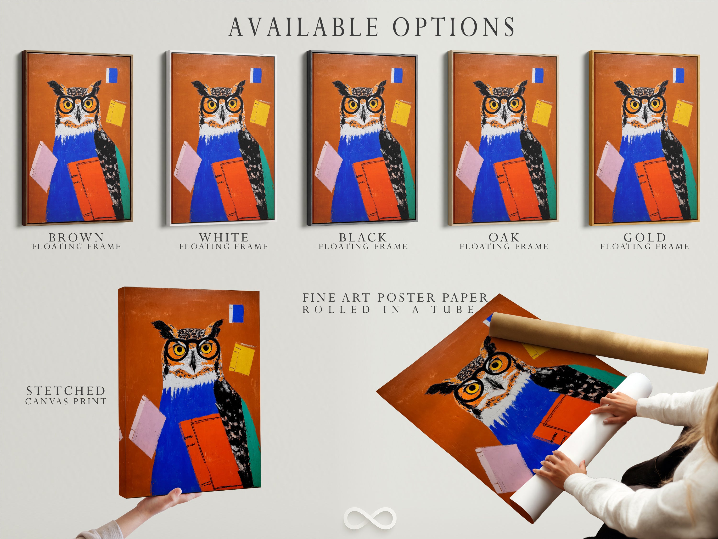 Available options are displayed. Options include a stretched canvas print. You can also get fine art poster paper. A floating frame is also available. Choose the Owl with Books Art Print. The whimsical teacher wall art is perfect for a professor.