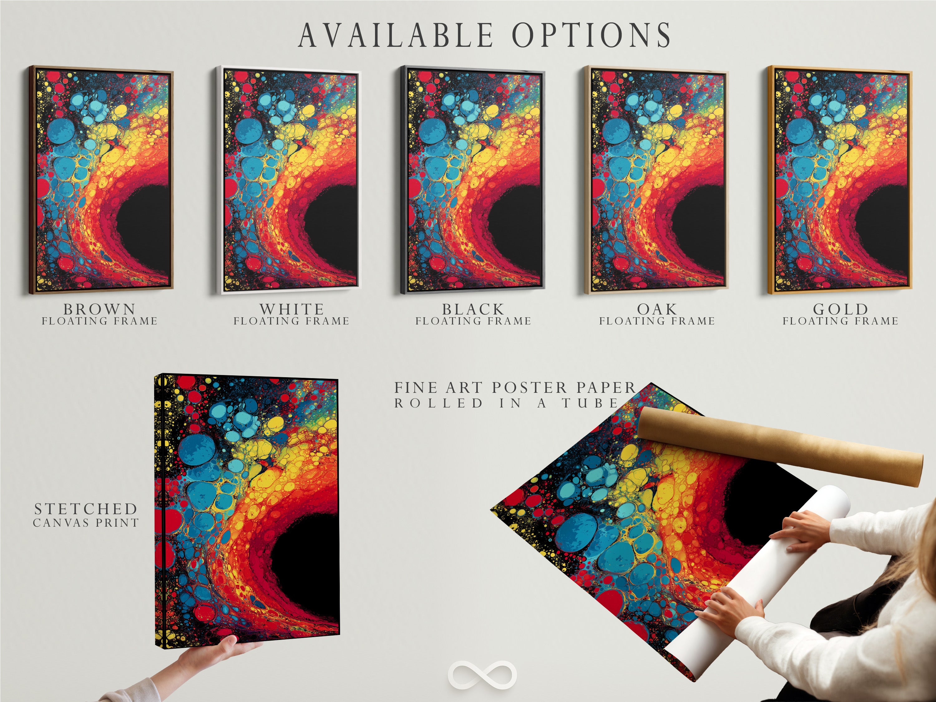 Various art display options are showcased. These include stretched canvas prints fine art poster paper and floating frames. Choose the best option to suit your style and decor. Personalize your space with these art formats.