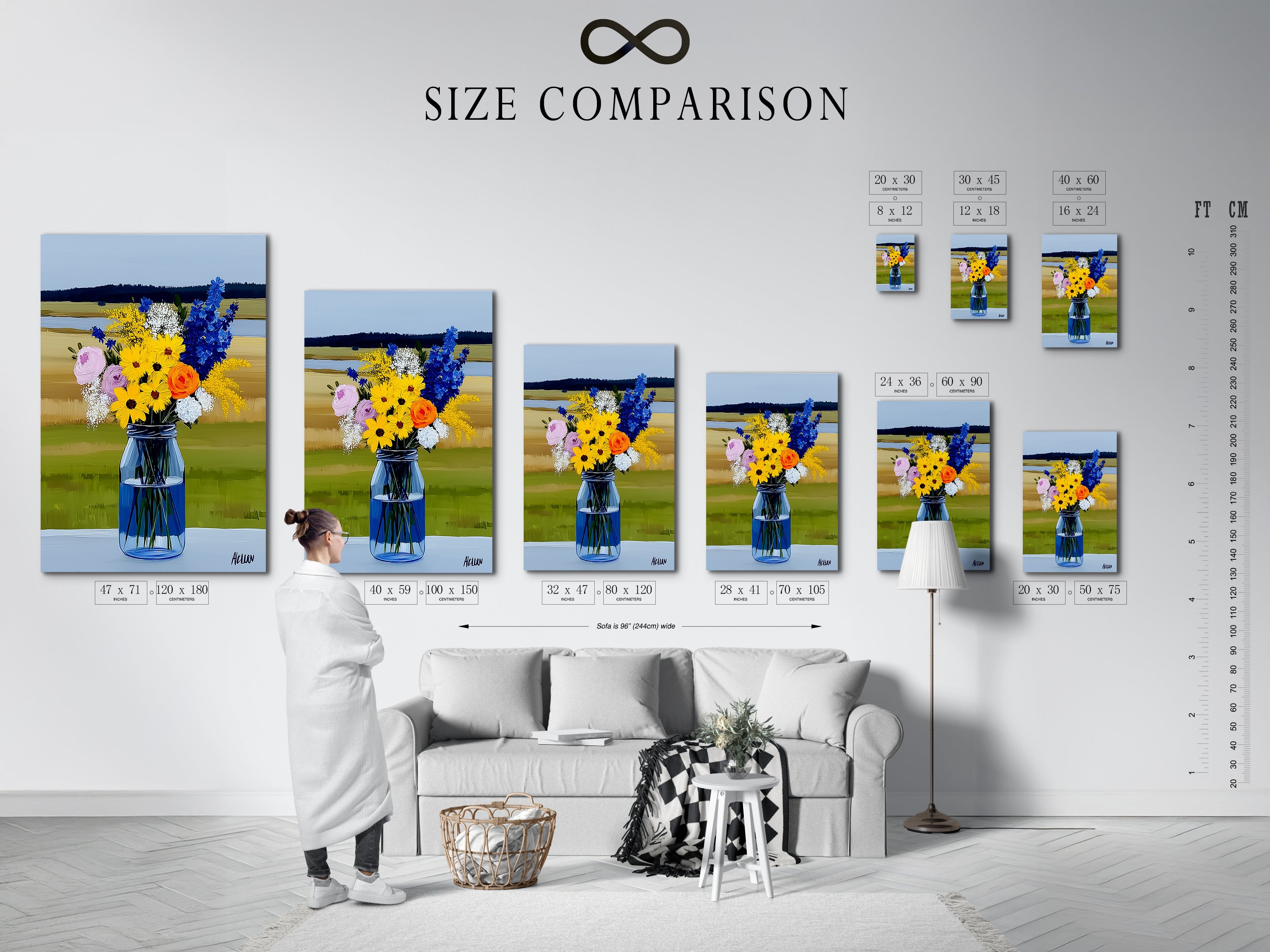 A size comparison chart displayed in an interior setting. The chart shows the available sizes for the wildflower bouquet artwork. Visualize the perfect fit for your space. Choose the ideal size for your floral canvas art.