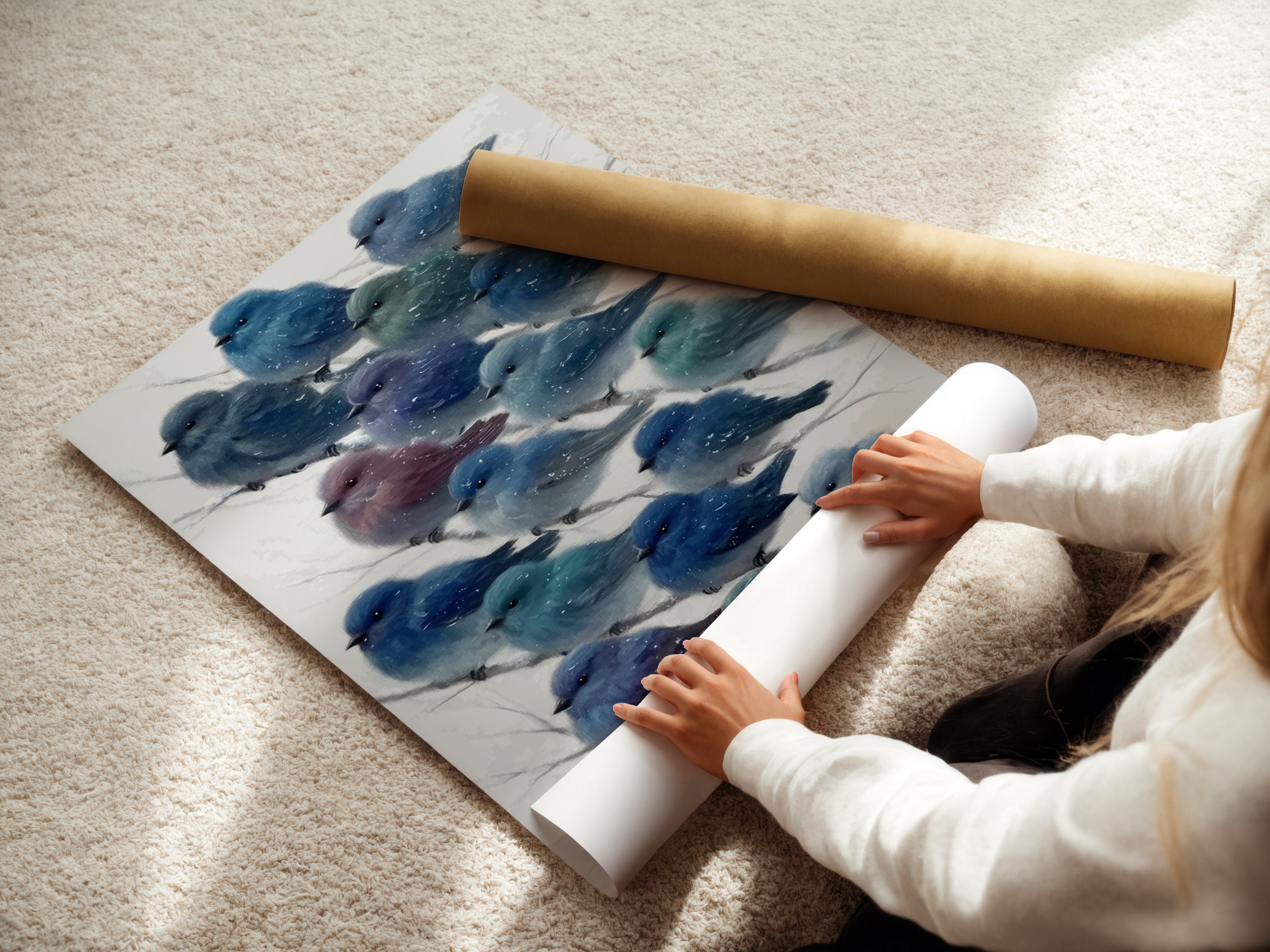 A woman is shown carefully rolling a fine art poster paper print of bluebird art. The poster paper is a great option. This winter bird artwork is perfect for renters. The ornithology art adds charm to any room.