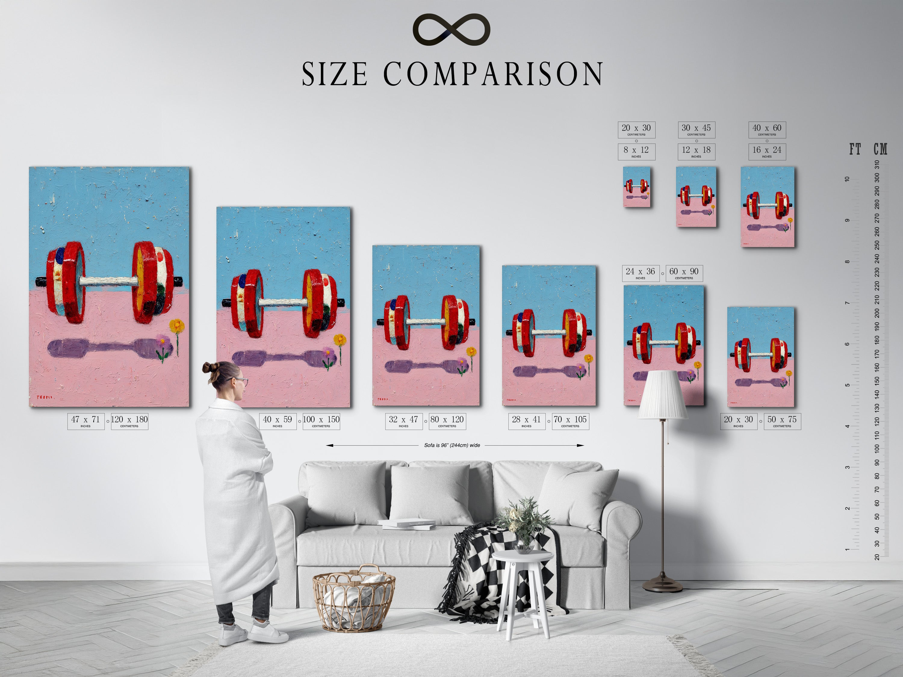 A size comparison chart displayed in an interior setting. It showcases various sizes of the fitness art print. Find the perfect fit for your gym wall decor. This colorful dumbbell artwork is ideal for home gym or fitness studio. Choose from canvas or fine art poster paper.