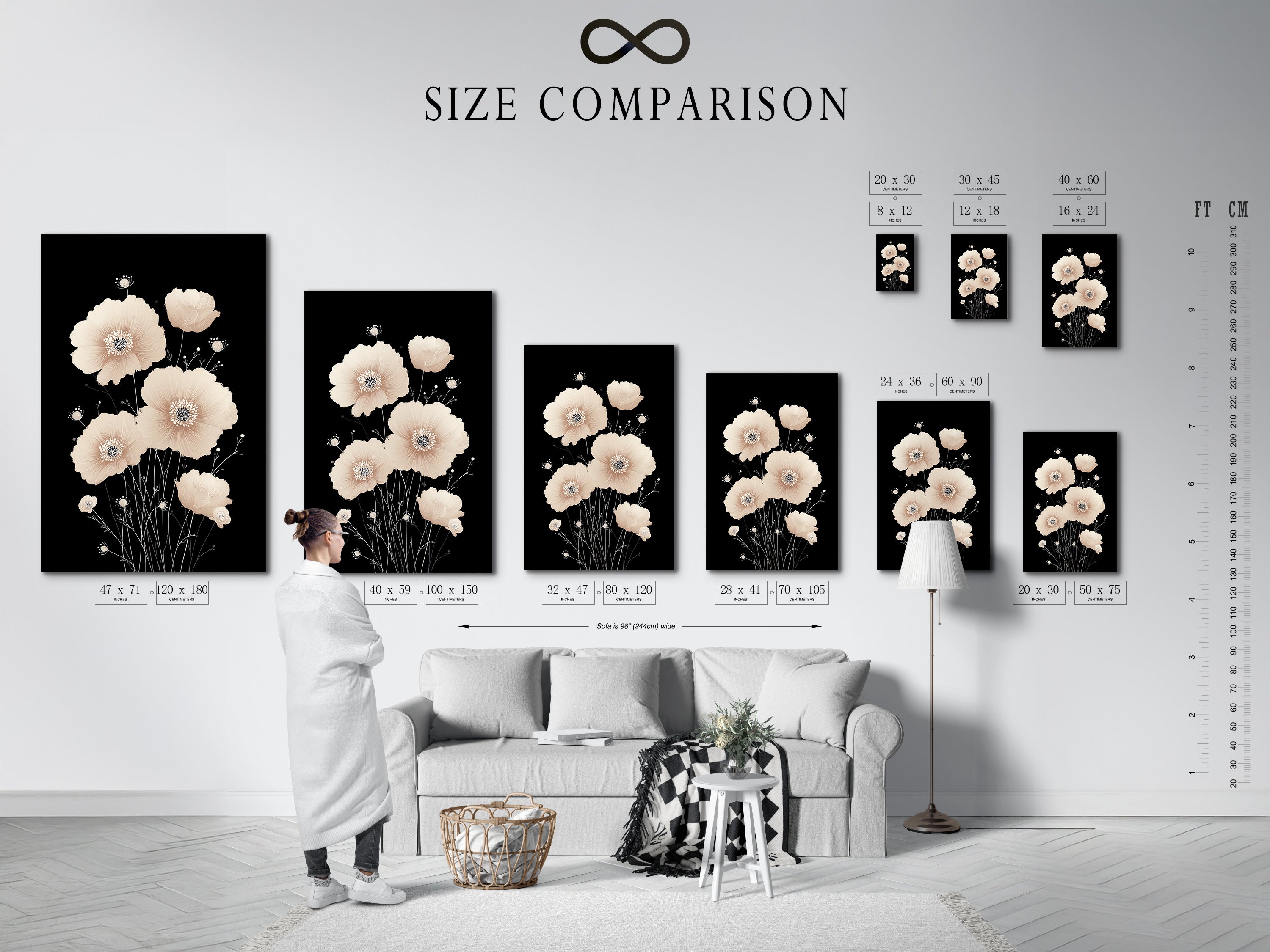 Size comparison chart in interior showcasing the Beige Poppy Flower Artwork. Illustrating the various sizes available for this minimalist botanical poster. Find the perfect fit for your space. Ideal for enhancing your bedroom wall decor living room art or home office environment.