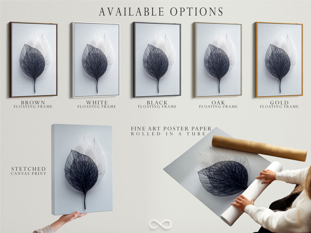 Various artwork options are displayed. These include stretched canvas prints fine art poster paper and floating frames. Discover the perfect format for your artwork. Choose from a range of high-quality options. Each option enhances the artwork in its own way. Explore our available options to customize your art. Transform your space with personalized artwork.