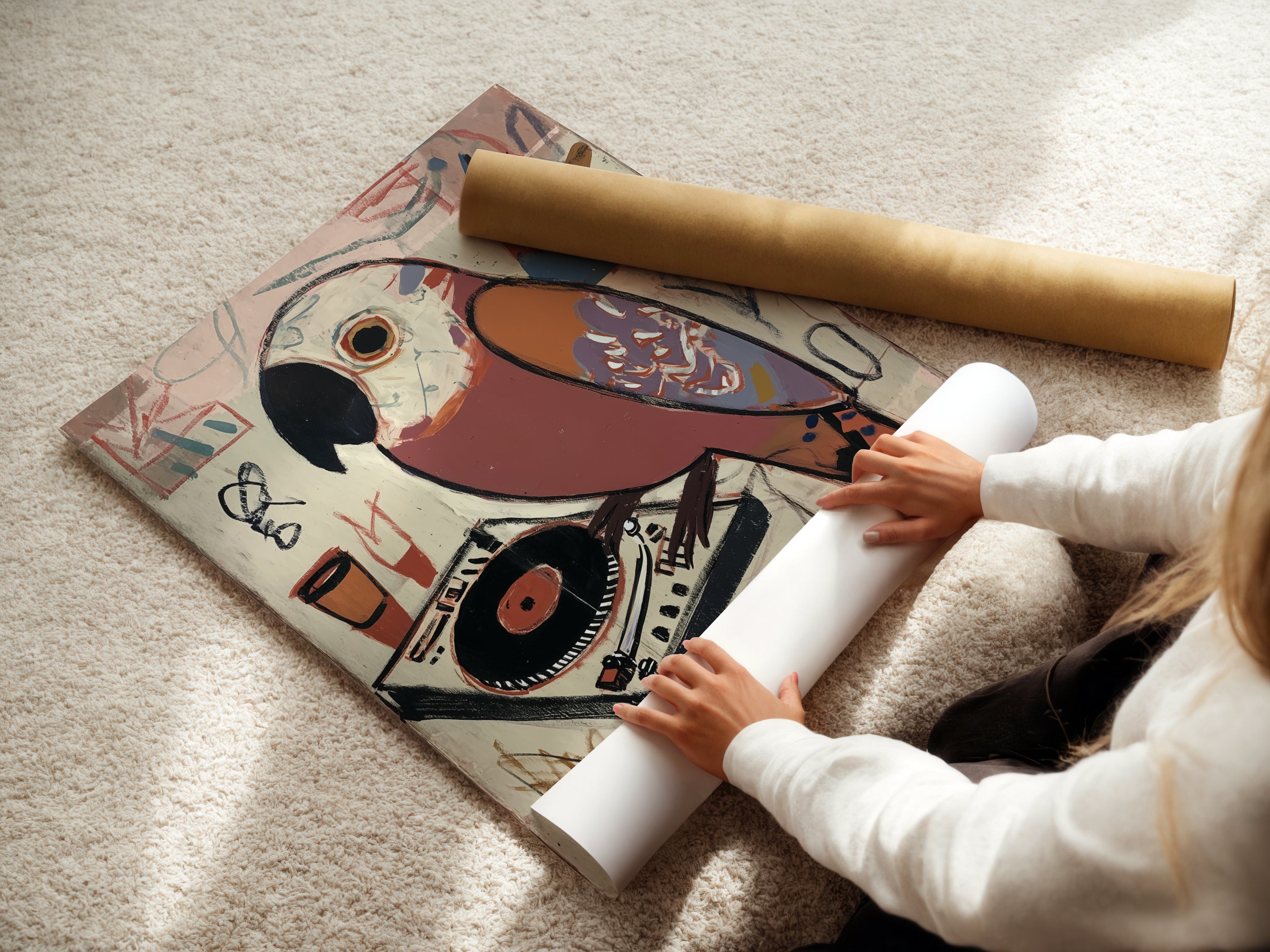 A woman is carefully rolling a fine art poster paper version of the artwork. This music bird print is perfect for framing. It's a great gift for music lovers and vinyl collectors. This art ships rolled.