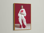 Streetwear Fashion Art Print in a gold frame. Enhance your decor with this urban fashion art. This piece is a contemporary print with red and white elements. Perfect for adding a touch of street style to your living space.