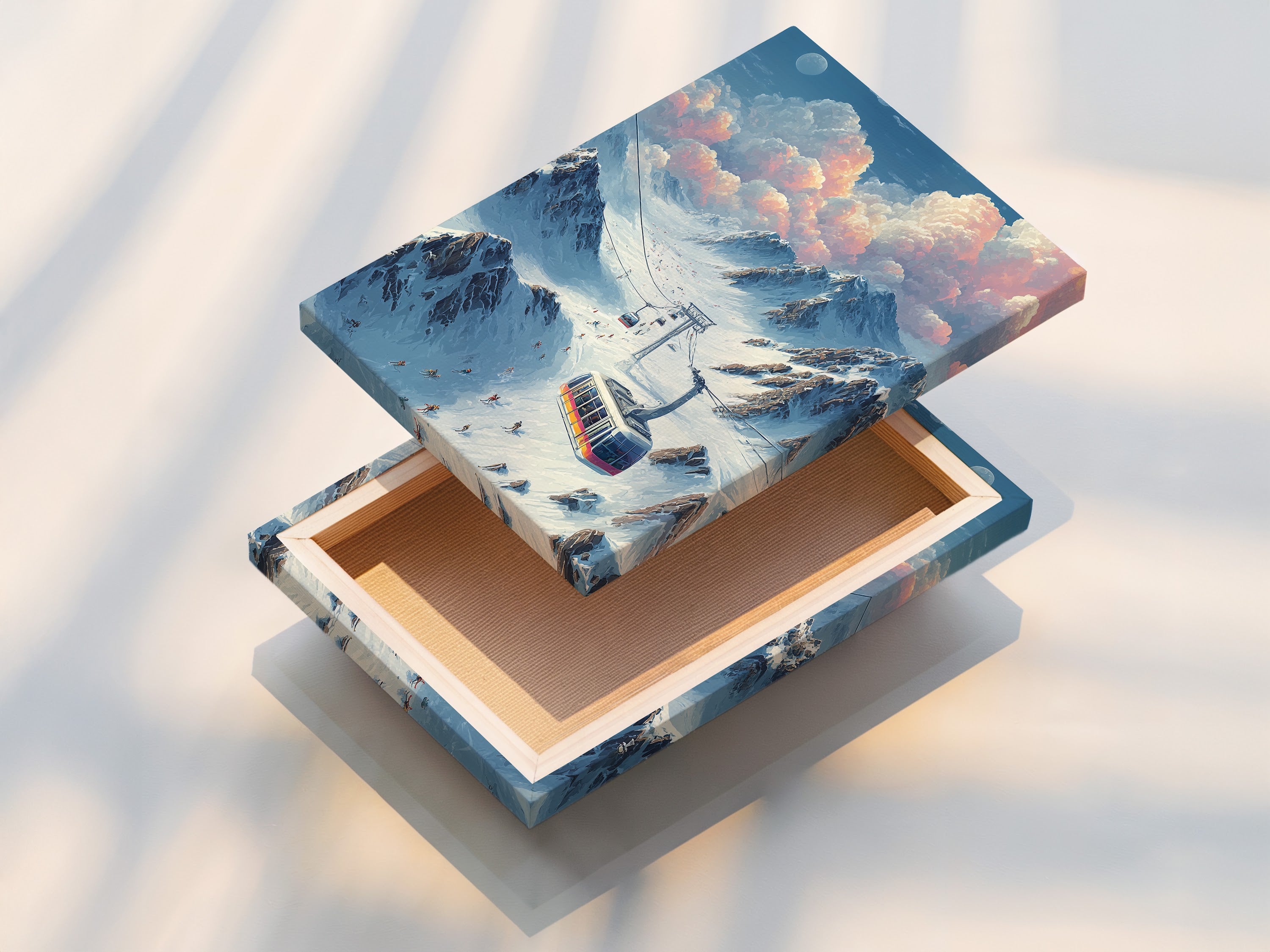 A stretched canvas print displays vintage ski lift artwork. The canvas showcases a detailed alpine mountain scene. This stretched canvas print offers a ready-to-hang solution for winter wall art. It is perfect for adding a touch of rustic elegance.