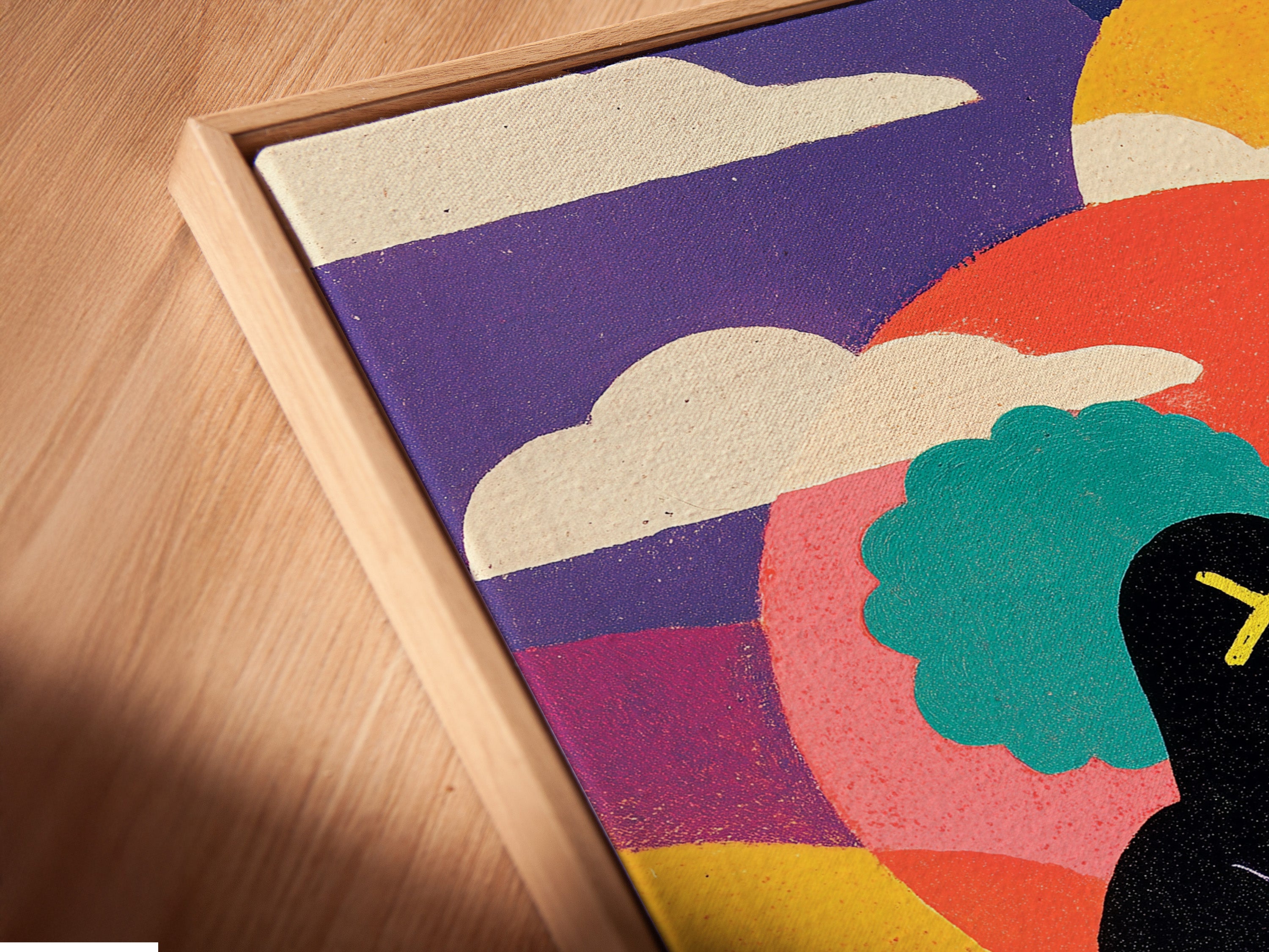 Close-up of a canvas print in a floating frame. The artwork showcases vibrant colors and a modern art style. The floating frame enhances the artwork. Perfect for adding a contemporary touch. Explore canvas print options.