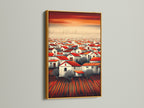 The 'Red Roof Village' artwork is highlighted in a gold frame. The metallic accent elevates the rustic artwork. This Mediterranean decor piece adds a luxurious touch to your space. A great housewarming gift idea.