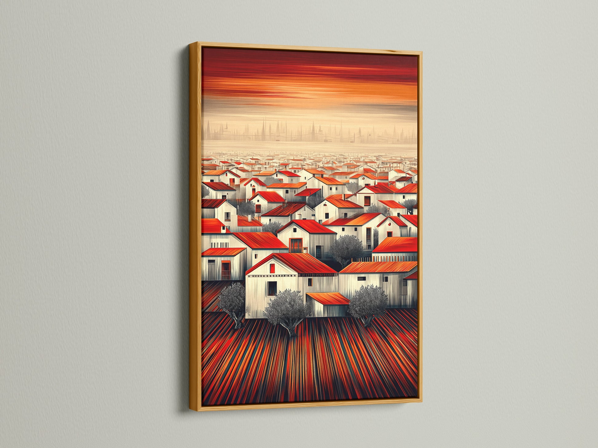 The 'Red Roof Village' artwork is highlighted in a gold frame. The metallic accent elevates the rustic artwork. This Mediterranean decor piece adds a luxurious touch to your space. A great housewarming gift idea.