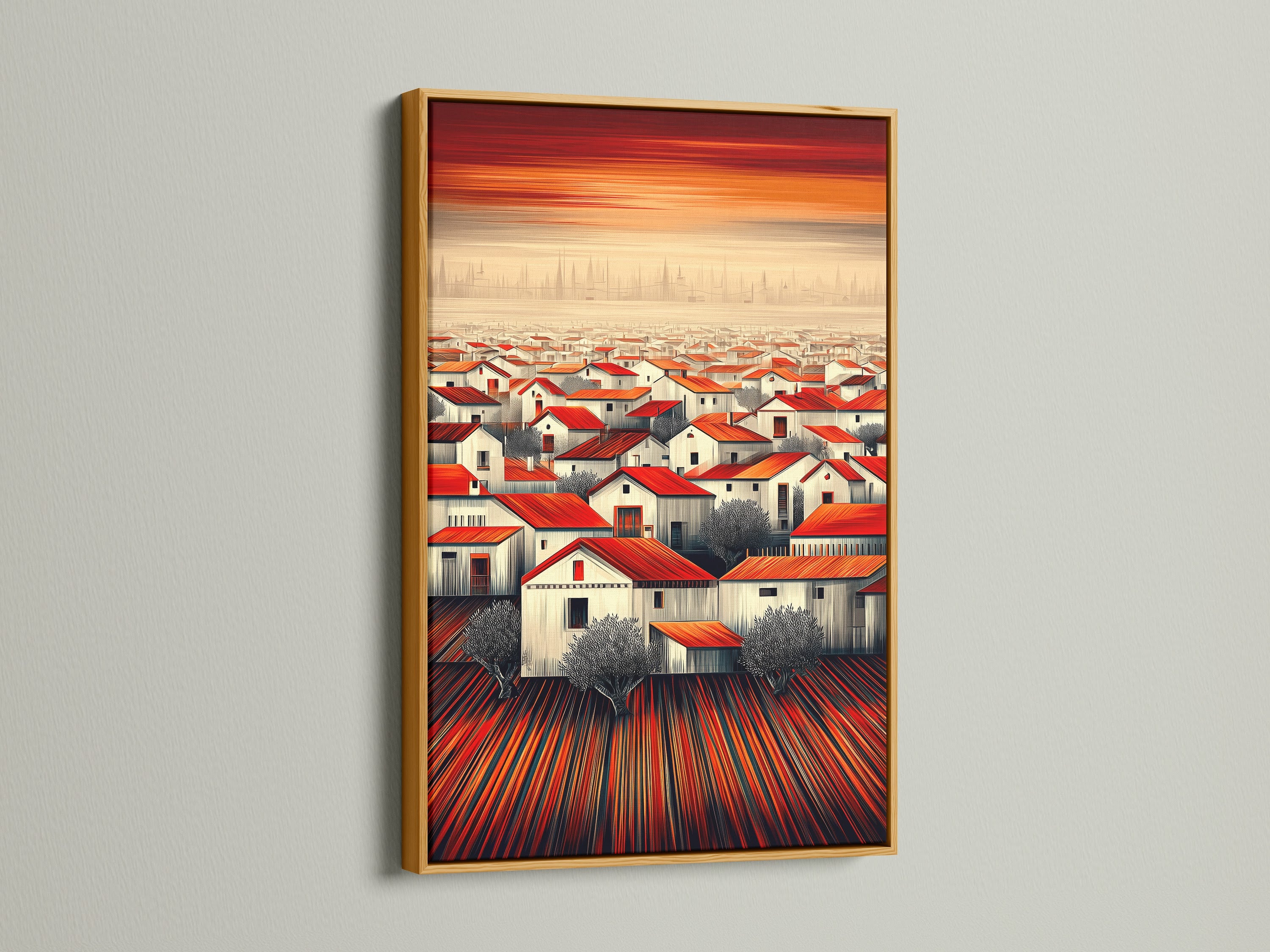 The 'Red Roof Village' artwork is highlighted in a gold frame. The metallic accent elevates the rustic artwork. This Mediterranean decor piece adds a luxurious touch to your space. A great housewarming gift idea.