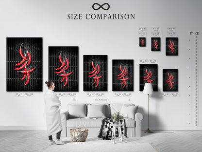 Size comparison chart in an interior setting. Showcasing chili pepper artwork. Choose the ideal size for your kitchen wall art. Perfect for modern dining decor and foodie gifts.