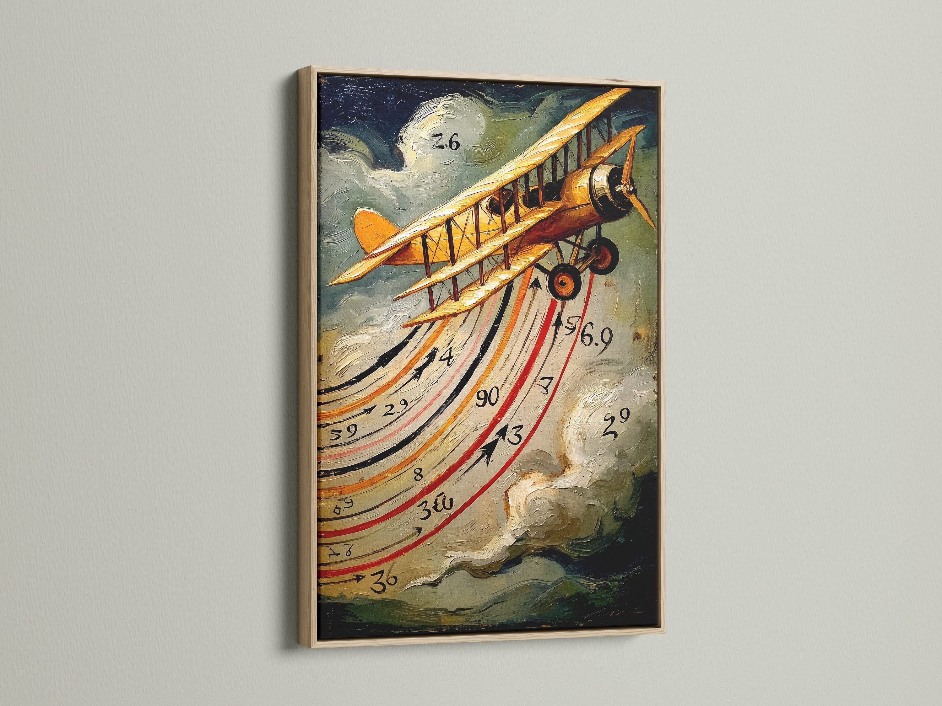 Vintage Airplane artwork displayed in an oak frame. This biplane print brings a touch of historic aviation to any room. The warm tones of the oak frame enhance the artwork's vintage feel. Ideal for aviation enthusiasts and retro decor lovers alike.