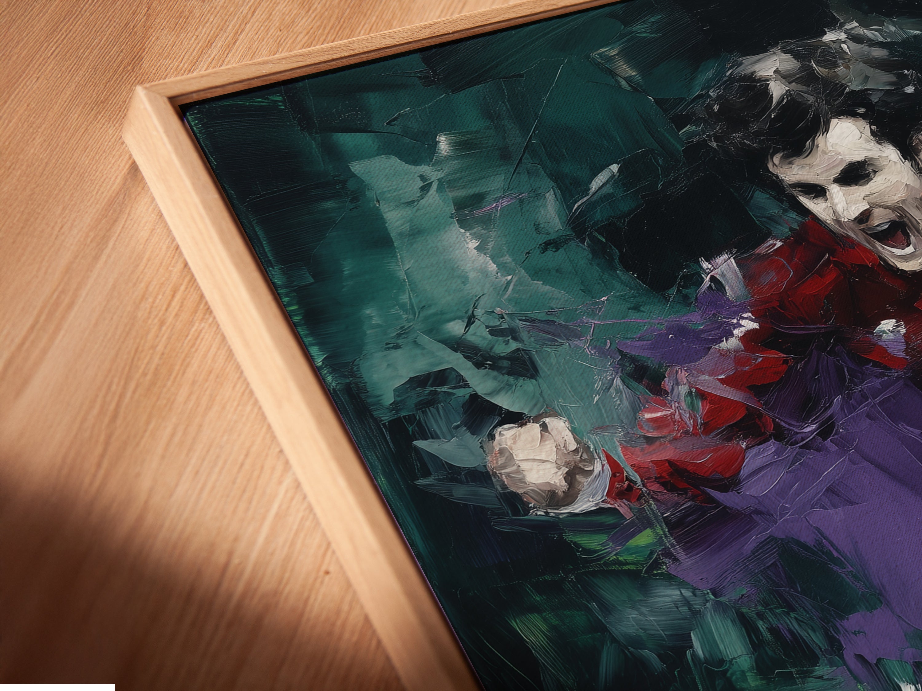 A close-up angled view showcases a canvas print in a floating frame. The soccer player canvas art features an abstract sports theme. This dynamic action painting adds a modern touch. The floating frame enhances the artwork's appeal.