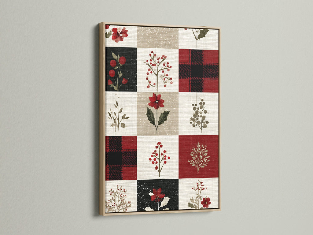 This is an oak framed artwork. The artwork features a grid pattern of floral artwork. Each square contains unique floral artwork. Some squares have plaid artwork on them. The artwork is displayed on a white wall.