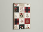 This is an oak framed artwork. The artwork features a grid pattern of floral artwork. Each square contains unique floral artwork. Some squares have plaid artwork on them. The artwork is displayed on a white wall.