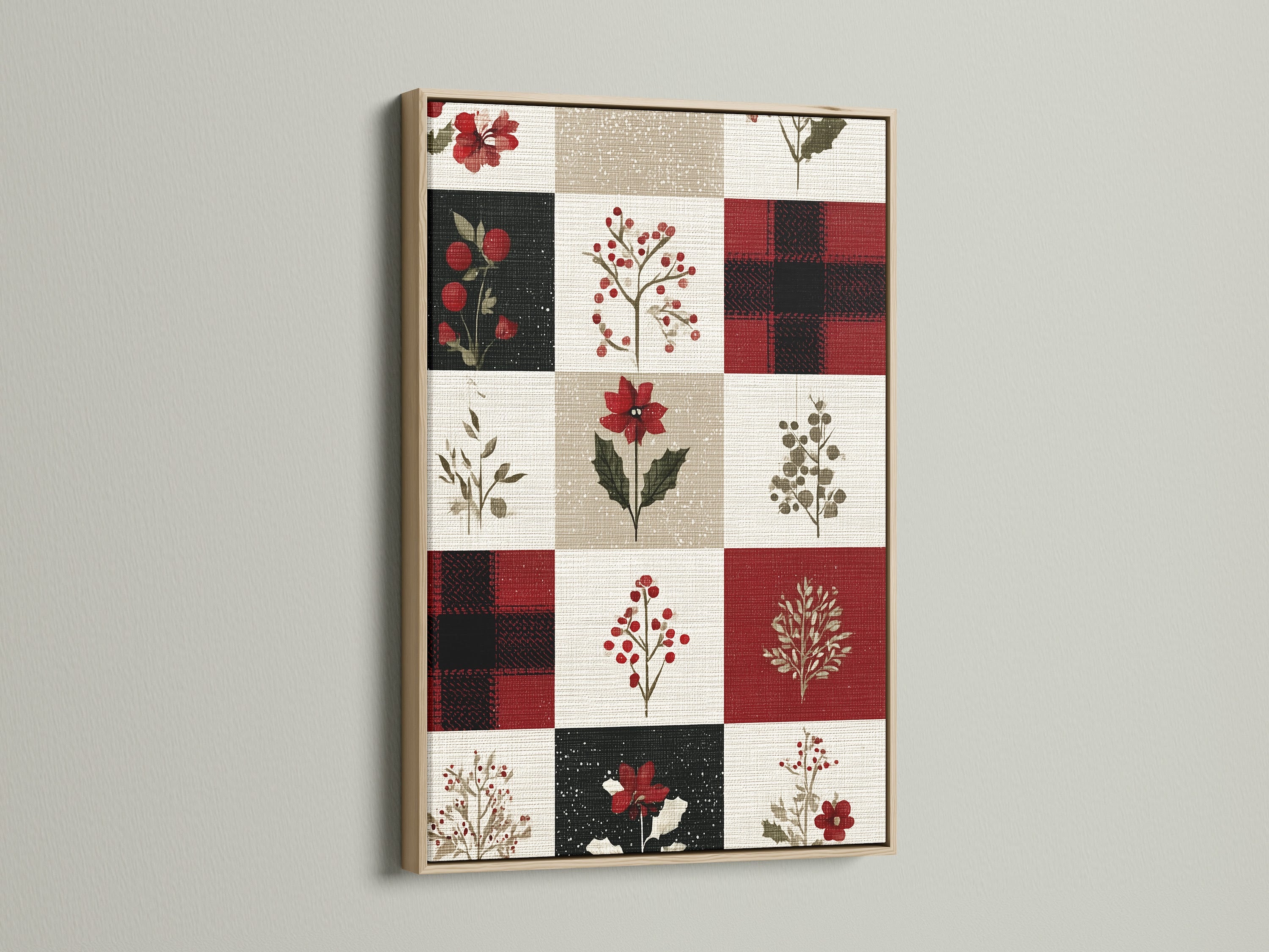 This is an oak framed artwork. The artwork features a grid pattern of floral artwork. Each square contains unique floral artwork. Some squares have plaid artwork on them. The artwork is displayed on a white wall.