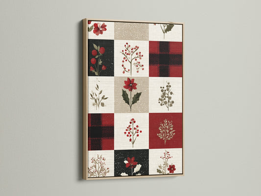 This is an oak framed artwork. The artwork features a grid pattern of floral artwork. Each square contains unique floral artwork. Some squares have plaid artwork on them. The artwork is displayed on a white wall.